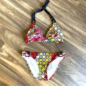 Skye Bikini Set abstract pattern with flowers black Halter top style Size M